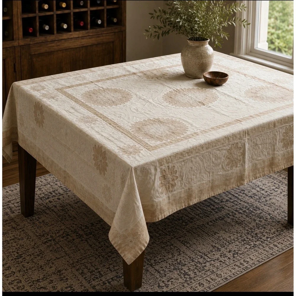 Pottery Barn Dune Suzani Embroidered Table Throw Square 50x50 Cream Tan 5481803